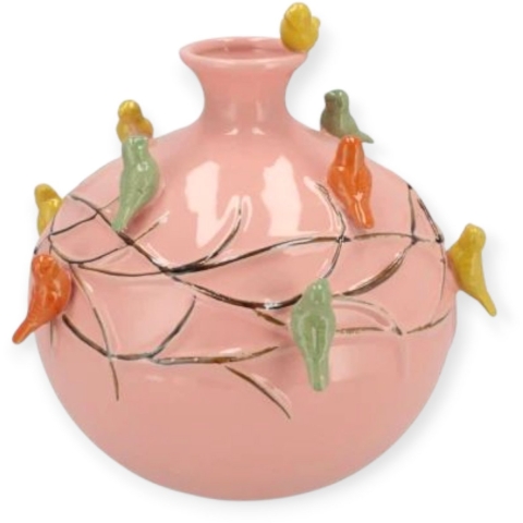 Vaas Spring birds - roze - keramiek - D14 x H14 cm - bloemenvaas -