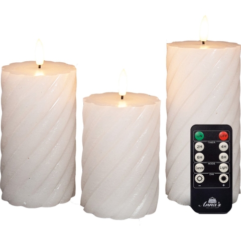 Luxe LED kaarsen/stompkaarsen set - 3x st - wit - swirl - met afstandsbediening -