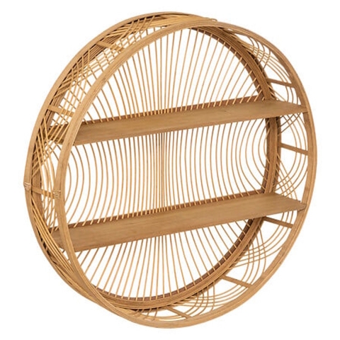 Wandplank Inacio - bruin - bamboe - Boho stijl - rond - 2 plankjes - D70 x 15 cm -