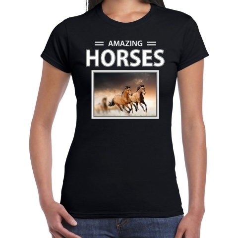 Bruine paarden t-shirt met dieren foto amazing horses zwart voor dames XL -