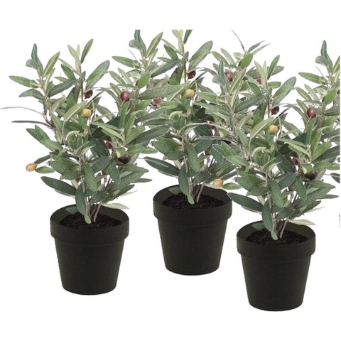 Kunstplant olijfboompje - 3x - groen - in zwarte pot - 35 cm -