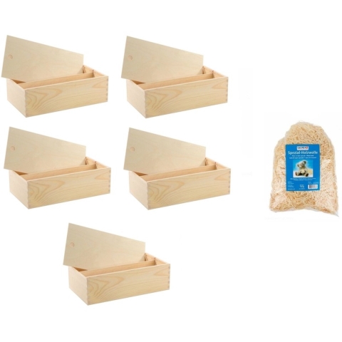 Houten wijnkistjes - 5x - met schuifdeksel - 35 x 20 x 11 cm - met houtwol - dubbel vaks -