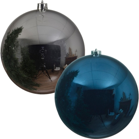 Kerstversieringen set van 6x grote kunststof kerstballen blauw en zilver 14 cm glans -