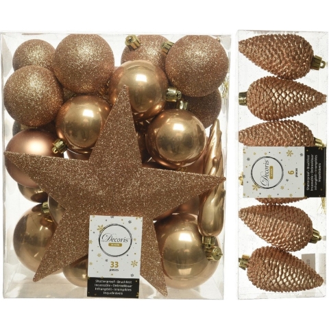 Kerstversiering kunststof kerstballen met piek camel bruin 5-6-8 cm pakket van 39x stuks -