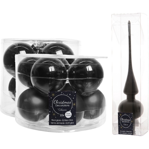 Glazen kerstballen pakket zwart glans/mat 32x stuks inclusief piek mat -