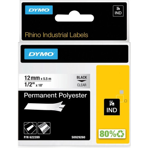 Labeltape DYMO IND RHINO 622289 Polyester Tapekleur: Transparant Tekstkleur:Zwart 12 mm 5.5 m