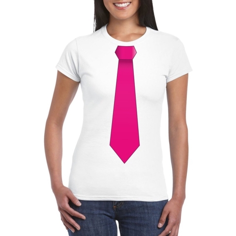 Wit t-shirt met roze stropdas dames M -