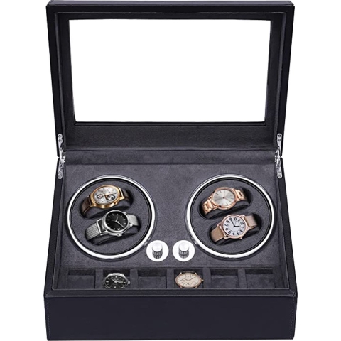 Olvy Luxe Watchwinder 4+6 - Voor 10 Horloges - Met LED Verlichting - Horloge Opwinder - Horlogebox - Zwart
