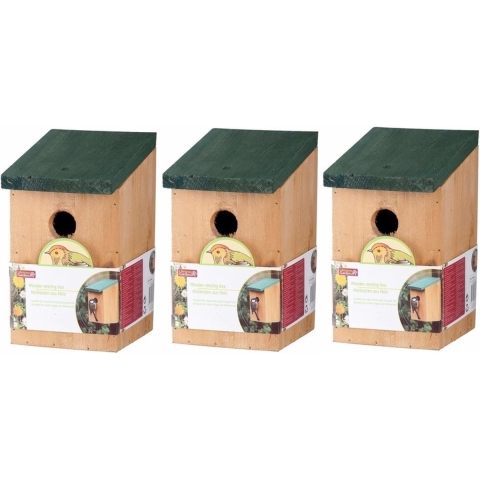 Vogelhuisje - 3x - met groen dak - 22 cm - nestkastje - hout -