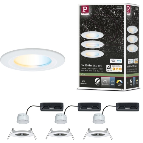 Paulmann - Nova Coin Recessed Plafondlamp 3pcs. Ø78 TW IP44 Matt White
