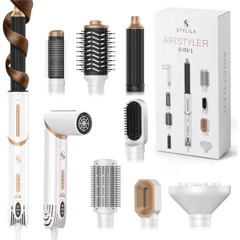 Stylila® 8-in-1 Airstyler met Diffuser - Multistyler - Hairwrap - Airwrap - Roterende Fohnborstel - Haarstyler - Haardroger - Warmteborstel - Krulbors