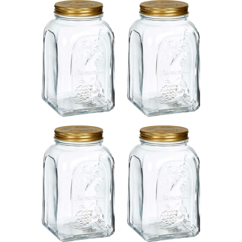 Voorraadpot/bewaarpot Square - 4x - glas - 1,5L - transparant/goud - D10 x H19 cm - voedsel bewaren -