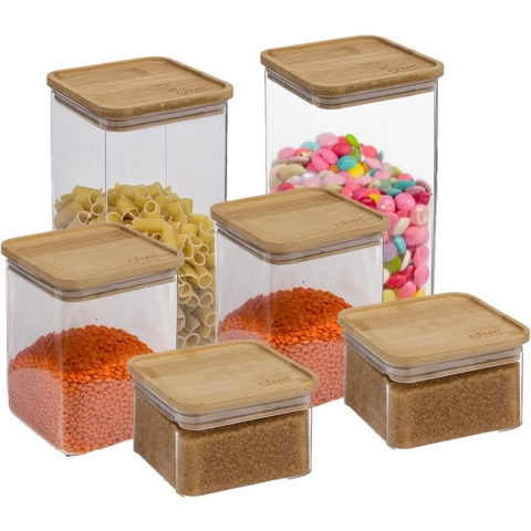 Voedsel bewaren keuken voorraadpotten set 6x stuks - kunststof/bamboe -