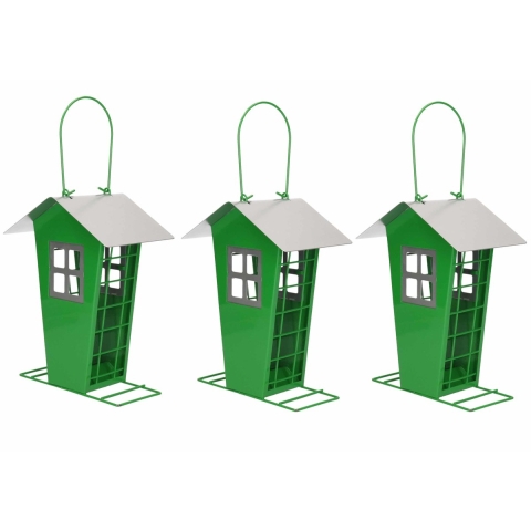 3x Stuks vogel voeder huisje voor pindas/vetbollen groen metaal 19 cm -