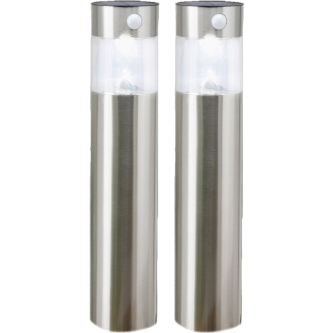 Hi Solar tuinlamp/prikspot pilaar - 2x - zilver - RVS - 50 cm - zonne energie met bewegingssensor -