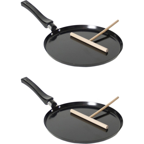 2x stuks zwarte pannenkoekenpannen/crepepannen 24 cm met anti-aanbak laag en houten beslag verdeler -