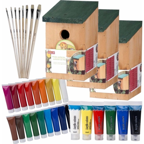10x stuks houten vogelhuisje/nestkastje 22 cm - Zelf schilderen pakket - verf/kwasten -