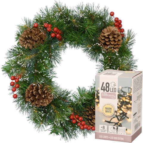 Kerstkrans met versiering en sneeuw 50 cm incl. verlichting warm wit 4m -