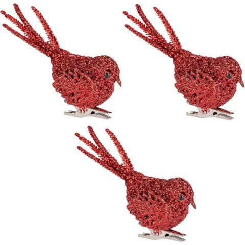 4x Kerstboomversiering glitter rode vogeltjes op clip 12 cm -