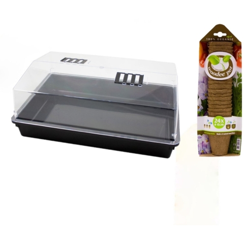 Grote kweekbak/kweekkast met deksel inclusief 24x houtvezel kweekpotjes 24 x 59 x 39 cm -