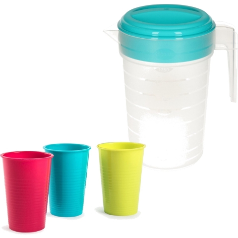 2x stuks water/limonade schenkkannen 2 liter met 12x kunststof glazen voordeelset -