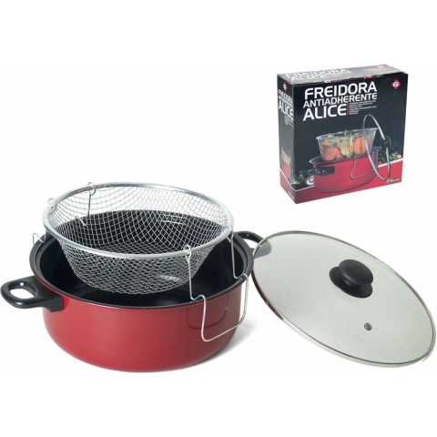 Gerimport friteuse/frituurpan met glazen deksel - voor alle hittebronnen - rood - D26 cm -