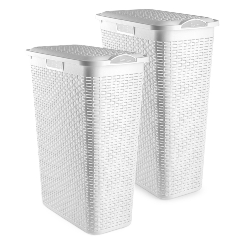 Smalle Wasmand met deksel Rotan - 2x - wit - gevlochten kunststof - 48 liter - 27 x 46 x 60 cm -