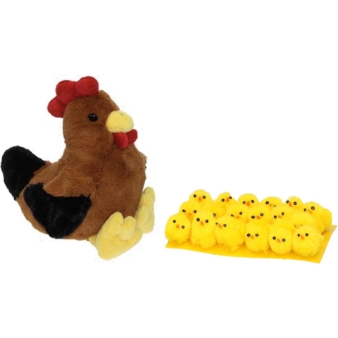 Pluche bruine kippen/hanen knuffel van 25 cm met 18x stuks mini kuikentjes 3 cm -