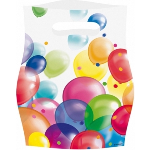 64x Feestzakjes met ballonnenopdruk plastic 16x23cm -