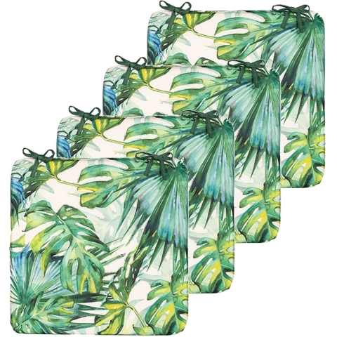 Stoelkussen monstera - 4x - wit/groen - 40 x 40 cm - binnen/buiten -