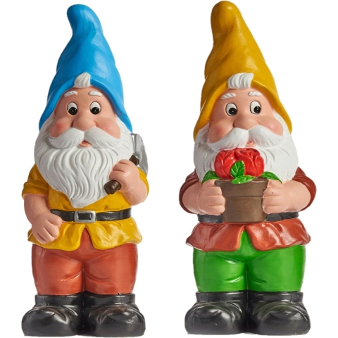 Tuinkabouter beeldjes set van 2x - Keramiek - 38 cm - geel/blauw -