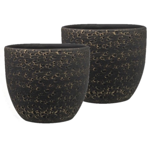 Ter Steege Plantenpot/Bloempot Lava Stone - Set van 2x stuks - zwart - 29 x 26 cm - binnen -