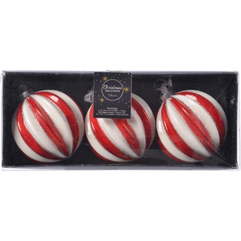 Decoris Luxe kerstballen - 12x - rood/wit gestreept - D8 cm - glas - glitter - brass -