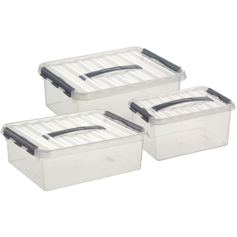 Sunware Q-Line opberg boxen set - 3 maten - 6-10-12 liter - kunststof - transparant/grijs -