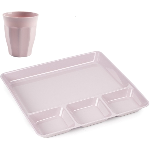 Plasticforte Vakjesborden 6x - met bekers 6x - roze - kunststof - gourmetborden - bbq servies -