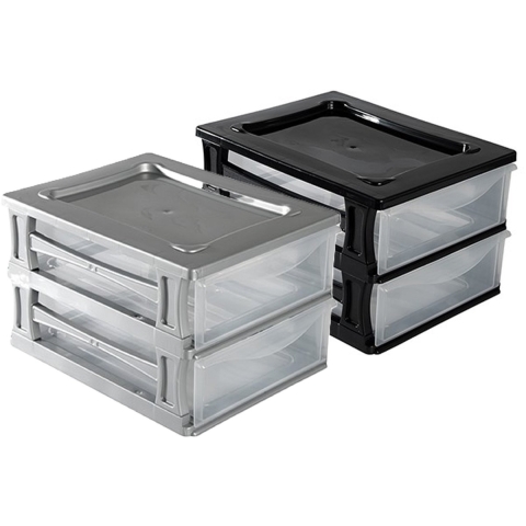 2x een Ladeblokje met 2 grote lades - grijs en zwart - L26 x B35 x H20 cm - kunststof -