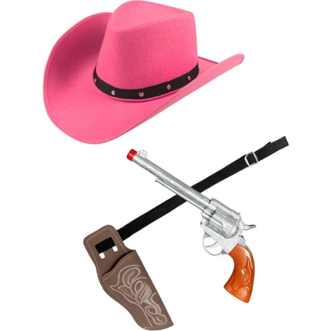 Verkleed set cowboyhoed Wichita roze - met holster en pistool - voor volwassenen -