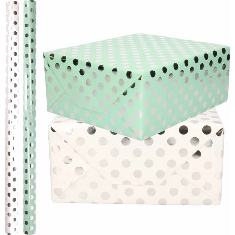 4x Rollen luxe folie inpakpapier zilveren stippen pakket - mintgroen/wit 200 x 70 cm -