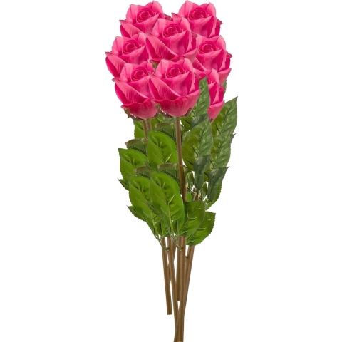 Kunstbloemen boeket Roos Bud - 8x - 58 cm - fuchsia - Kunst zijdebloemen -