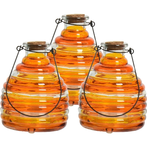 3x wespenvanger/wespenval met hengsel - glas - oranje - D13 x H17 cm -