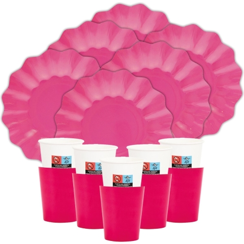 Feest/verjaardag BBQ bordjes/bekertjes set New Wave - 32-delig - fuchsia roze - rond - karton -