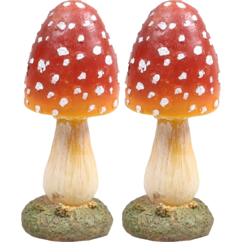 Decoratie huis/tuin beeldje paddenstoel - 2x - vliegenzwam - rood/wit - 7 x 18 cm -