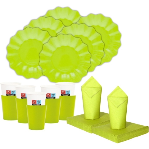 Feest BBQ bordjes/bekertjes/servetten set New Wave - 16 personen - lime groen - papier/karton -
