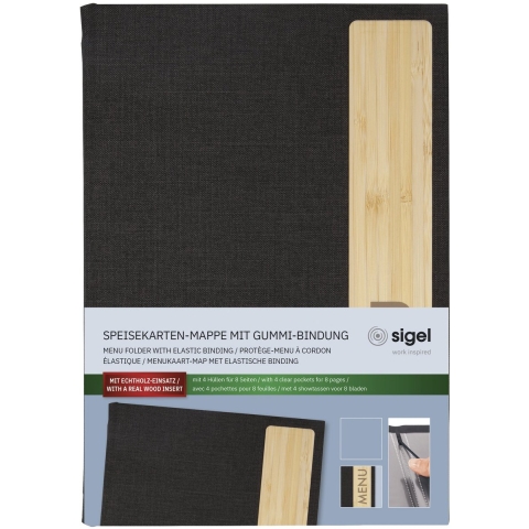 Sigel SM221 Menumap DIN A5 1 stuk(s) Incl. 2 dubbele transparante hoezen voor 8 paginas, Rubberen binding Donkergrijs, Beige