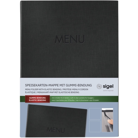 Sigel SM202 Menumap DIN A4 1 stuk(s) Incl. 2 dubbele transparante hoezen voor 8 paginas, Rubberen binding Zwart