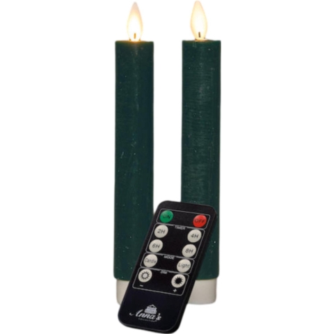 Dinerkaars wax led bewegende vlam op batterij met afstandsbediening 2 stuks h18 cm antiek groen - Annas collection