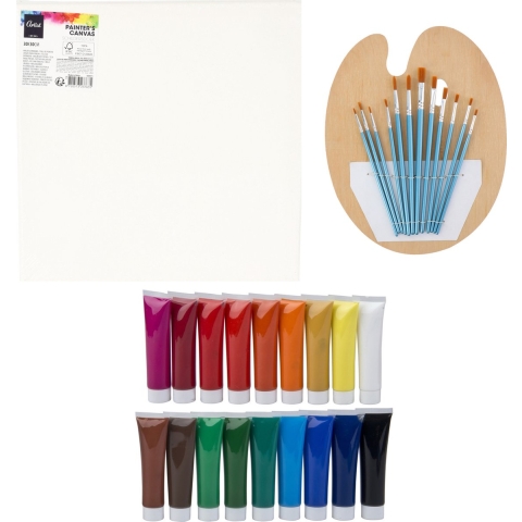 Complete hobby schilderij maken verf set - met canvas schildersdoek van 30 x 30 cm - penselen - verf -