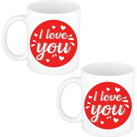 Set van 2x stuks I love you cadeau mokken / bekers wit cirkel met hartjes 300 ml -
