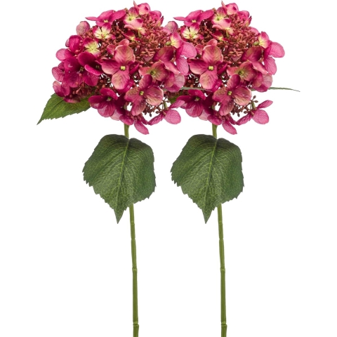 Kunstbloem hortensia tak - 2x - 50 cm - fuchsia - kunst zijdebloem - Hydrangea - decoratie bloem -