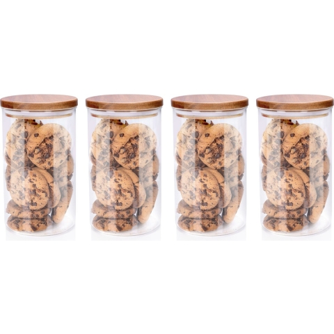 Voorraadpot/bewaarpot Foodking - 4x - borosilicaat glas - 950 ml - glas/hout - D9.5 x H16 cm -